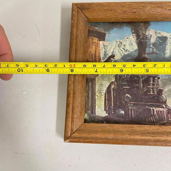 Cute Vintage Wood Framed Train Locomotive On Tracks Mountains Print Art - HLBN - Picture 2 of 4